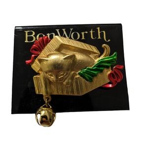 BonWorth Cat Brooch Gold Tone Pin Jewelry Kitten In Gift Box With Bell Vintage